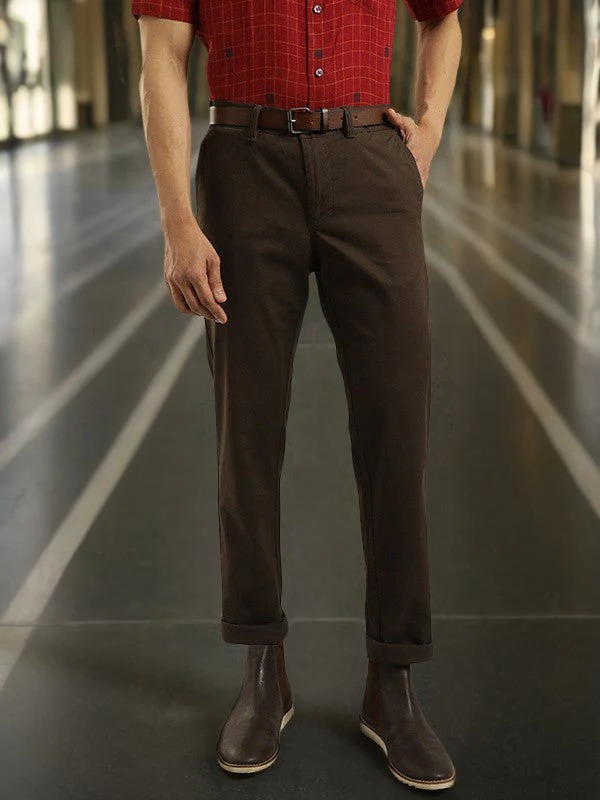 Indian Terrain Men's Slim Fit Solid Brown Trousers